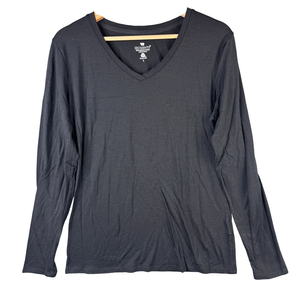 Segments 100% Merino Wool V-Neck Long Sleeve Shirt Black Large Woolmark Tee
